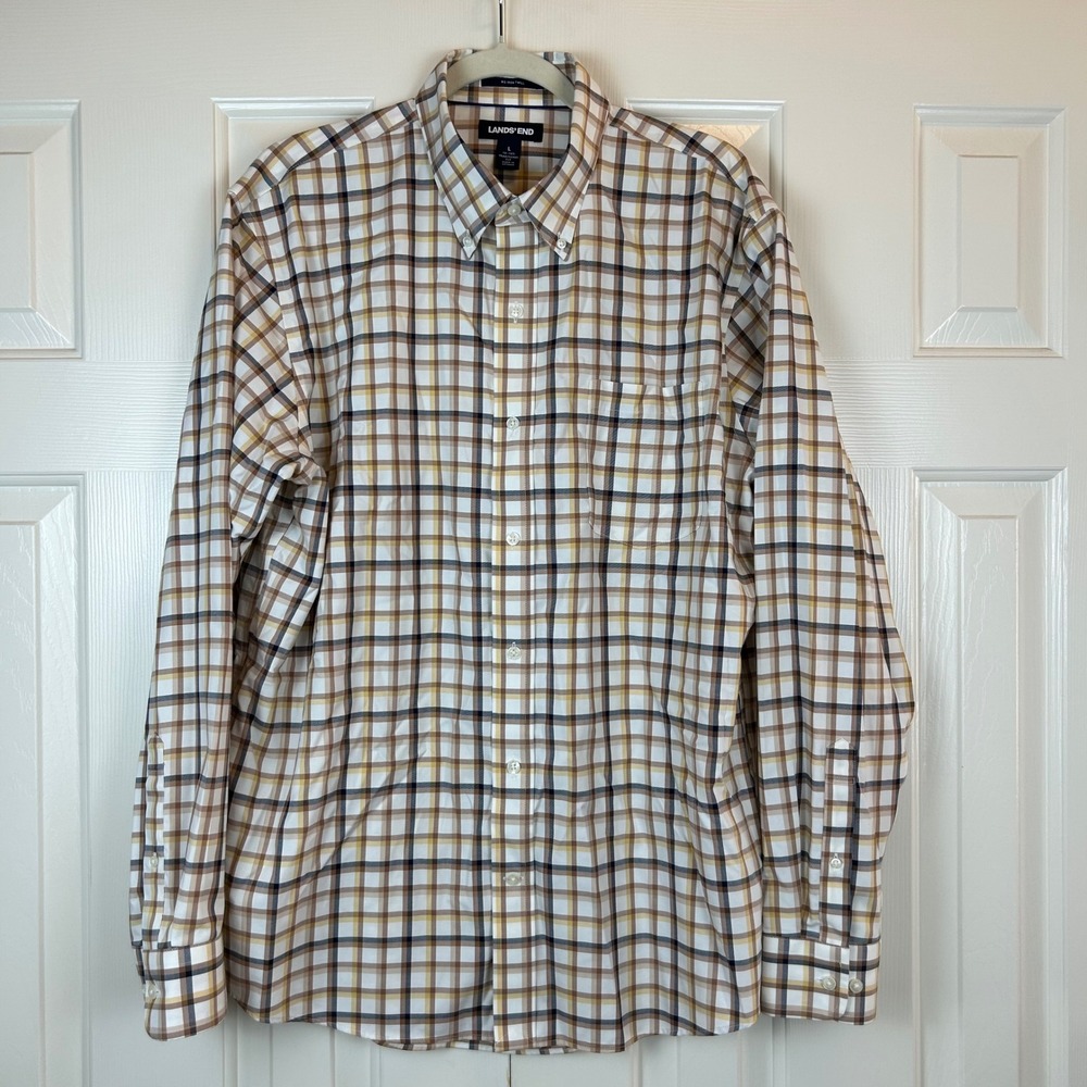 Lands End Mens Large Plaid No Iron Twill Button Down Shirt Brown Yellow Cotton